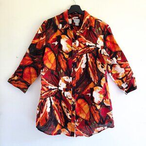 Chico's Tropical Print Tunic Shirt 2 / L 100% Linen Red Orange Brown Casual